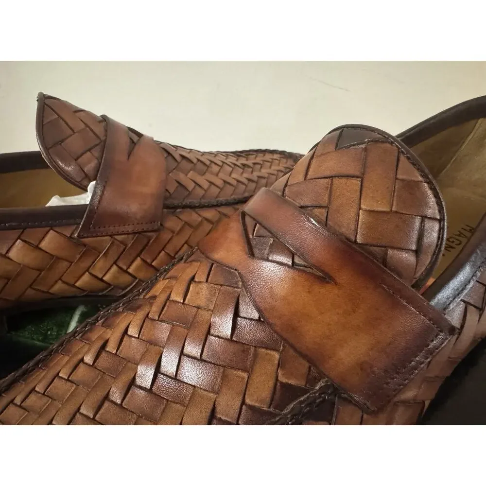 NIB Magnanni ‘Herman’ Cognac Brown Woven Leather Loafers 43.5EU/10.5US $595.00